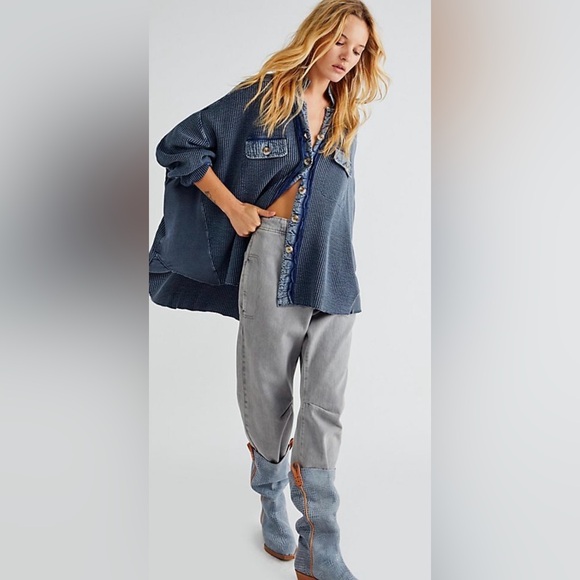 NWT Free People S FP One Scout Jacket in Navy Blue Button Down Thermal New $128